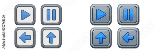 Modern glossy square buttons with media player controls and directional arrows for user interface and web applications