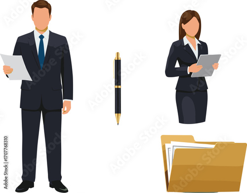 Business professionals with documents, pen, and folder, ideal for office work, corporate communication, and professional attire visuals