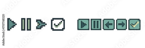 Stylized pixel art media player control icons and user interface elements for digital applications and retro gaming