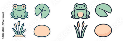 Charming cartoon pond life elements with happy frogs, green lily pads, and tall cattails in a sticker style