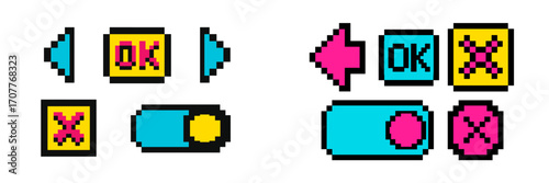 Retro pixel art user interface elements set with OK and cancel buttons, navigation arrows, and toggle switches