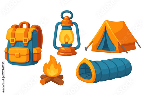 Essential camping equipment set featuring a backpack, vintage lantern, orange tent, warm campfire, and cozy sleeping bag