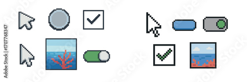 Retro pixelated user interface elements: mouse cursors, buttons, and toggle switches
