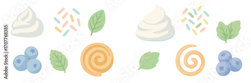 Sweet dessert toppings and fresh fruit ingredients with whipped cream, sprinkles, blueberries, mint, and cookie swirls