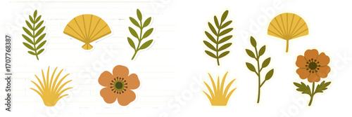 Stylized botanical elements featuring various leaves, grass, and a vibrant flower design in a modern aesthetic