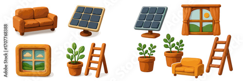 Soft textured home decor elements, potted plants, solar panels, and ladders for sustainable living and interior design