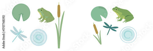 Green frogs, floating lily pads, tall cattails, and delicate dragonflies in a serene pond environment with gentle water ripples