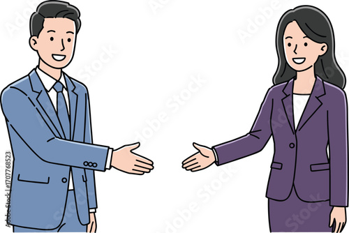 Two business professionals smiling and reaching for handshake, ideal for agreement, cooperation, workplace interaction, and business introduction visuals
