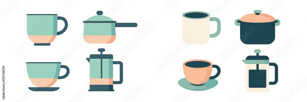 Obraz premium Modern kitchenware collection with coffee mugs, cooking pots, and a French press for home and kitchen