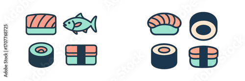 Stylized Japanese sushi and fish icons for Asian cuisine, seafood, and restaurant menu design elements