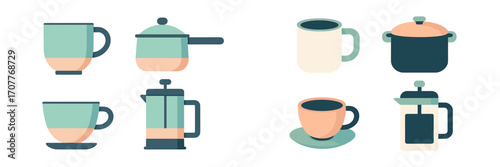 Modern kitchenware collection with coffee mugs, cooking pots, and a French press for home and kitchen