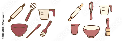 Essential kitchen baking tools and utensils for home cooking and pastry preparation including whisk, rolling pin, and measuring cups