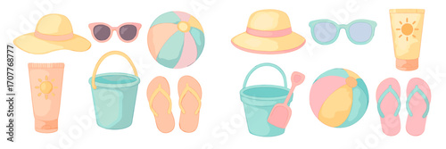 Collection of summer beach vacation accessories including hats sunglasses sunscreen beach balls buckets and flip flops