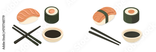 Assortment of traditional Japanese sushi rolls nigiri and maki with chopsticks and soy sauce bowls