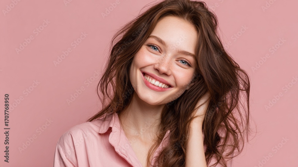 Fototapeta premium Young woman with long hair smiles joyfully against a pink background, showcasing natural beauty and a relaxed atmosphere