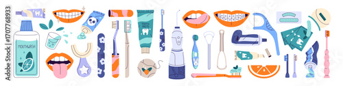 Dental health and oral hygiene set. Dentistry tools for caring about tooth- toothbrush, toothpaste, mouthwash, braces. Stomatology accessories. Flat isolated vector illustrations on white background