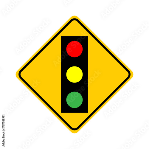 traffic light warning road sign illustration with red yellow green signal symbol on yellow diamond background