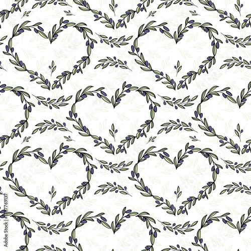 Olive branch heart frame hand drawn leaves seamless pattern for textile design. Simple line art monochrome background