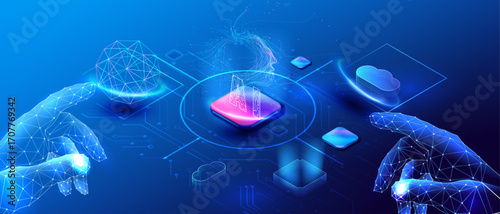 Data ai transmission in technology isometric background with CPU, clouds and human hand. Global futuristic service center.  Vector Illustration.