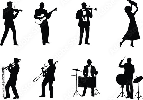Silhouette of musicians playing instruments and dancer performing, jazz band concept, black and white figures, musical performance illustration