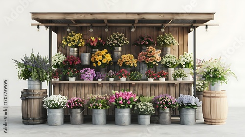 A flower stand with various flowers in metal buckets on wooden shelves and barrels under hanging lights