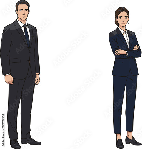Two professionals in formal business attire standing confidently, ideal for corporate fashion, workplace visuals, and business character design content