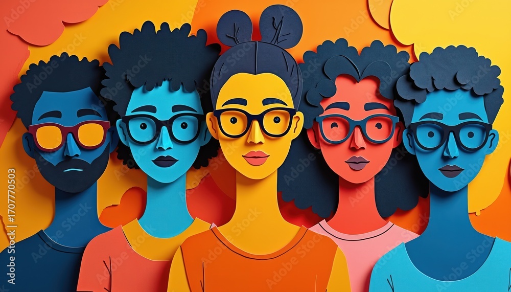 Fototapeta premium Paper cut-out illustration shows diverse group of people wearing glasses. Modern art style with multicultural representation highlights teamwork, communication, community spirit. Vibrant colors,