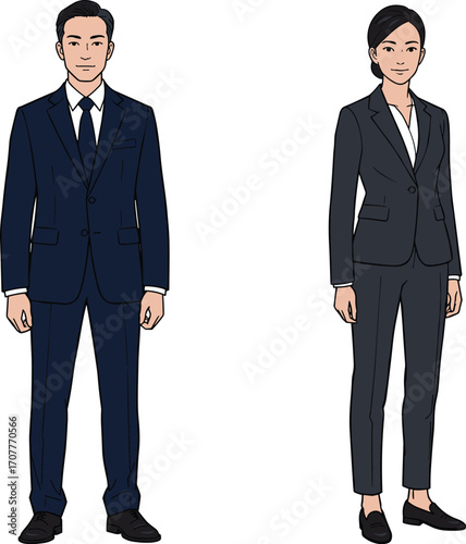 Two professionals in formal business attire standing confidently, ideal for workplace fashion, corporate visuals, and business presentation content