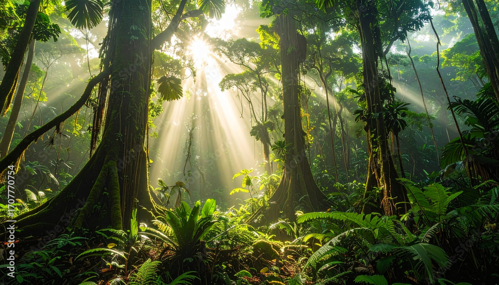 Obraz premium Lush Jungle Paradise Scenery with Sun Rays and Green Foliage