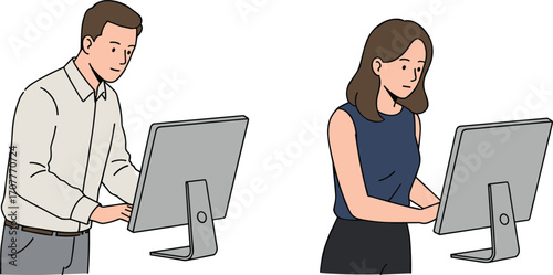 Two professionals interacting with touchscreen monitors, ideal for digital tasks, workplace technology, public kiosks, and educational content visuals