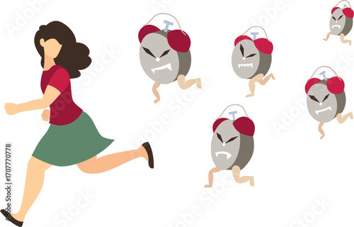 Woman escaping from time, stress and pressure concept illustration.