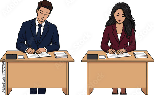 Two professionals seated at desks writing on paper, ideal for exams, documentation, office tasks, and educational or workplace visuals