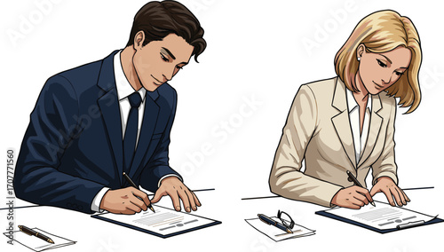 Two professionals signing documents at a table in formal attire, ideal for business contracts, office paperwork, and corporate agreement visuals