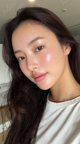 Young Korean woman with glowing skin poses in a soft-lit room showcasing natural beauty and a calm atmosphere