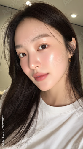 Beautiful Korean woman with glowing skin posing in a casual setting, capturing a serene moment with natural light on her face