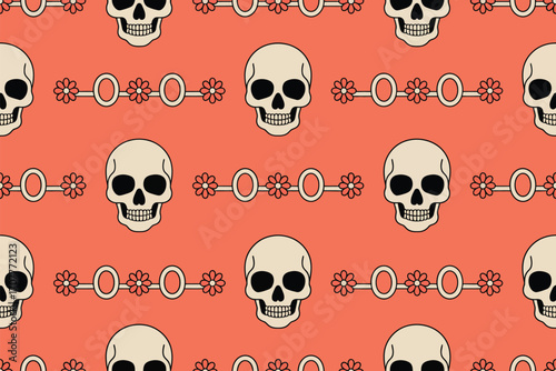 A pattern of skulls and flower chain links on a coral background creating a seamless repeating design