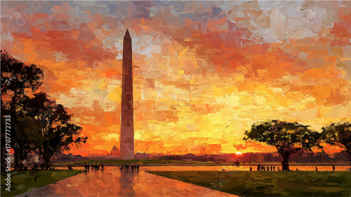 Vector illustration of Washington Monument on evening, oil painting