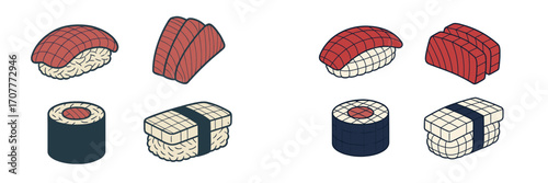 Assortment of traditional Japanese sushi and sashimi pieces in an isometric view with clean lines and stylized textures