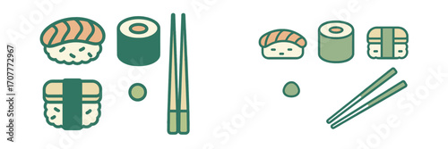 Delicious assortment of traditional Japanese sushi nigiri, maki rolls, and gunkan with chopsticks and wasabi