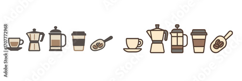 Collection of coffee brewing equipment, moka pot, French press, espresso cup, disposable cup, and scoop of coffee beans