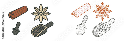 A collection of aromatic spices including cinnamon, star anise, cloves, and peppercorns in a scoop