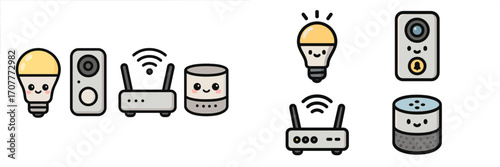 Cute smart home technology devices featuring a light bulb, doorbell, router, and smart speaker