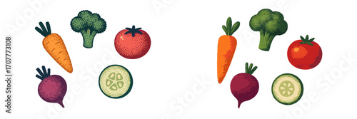 Assortment of fresh organic vegetables including carrot, broccoli, tomato, beetroot, and cucumber slice for healthy eating