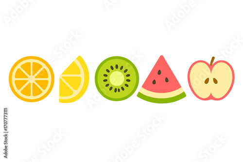Colorful assortment of fresh fruit slices including orange, lemon, kiwi, watermelon, and apple for healthy eating