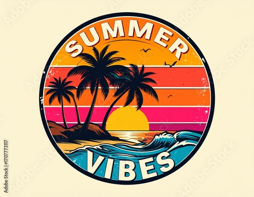A T-shirt design for summer vibes with palm tree and beach scene 