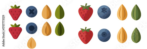 Vibrant collection of fresh strawberries, ripe blueberries, nutritious almonds, and healthy green seeds in a modern flat design style