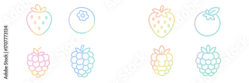 Colorful pastel gradient outline berry and fruit icons: strawberries, blueberries, raspberries on white background