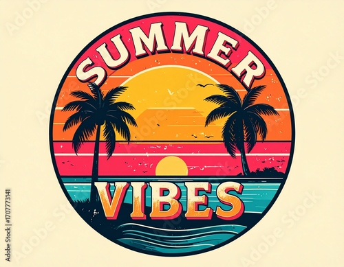 A T-shirt design for summer vibes with palm tree and beach scene 