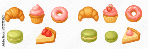 Delicious assortment of sweet baked goods and desserts including croissants, cupcakes, donuts, macarons, and cheesecake slices with colorful toppings