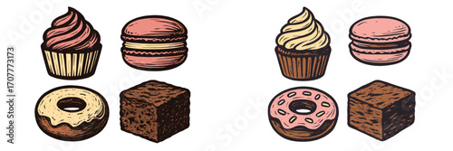 Delicious selection of popular sweet treats including frosted cupcakes, colorful macarons, glazed donuts, and rich brownies
